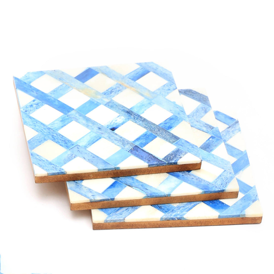 White/Blue Dyed Bone Inlaid Square Coaster Set - 4"x4", Set of 4