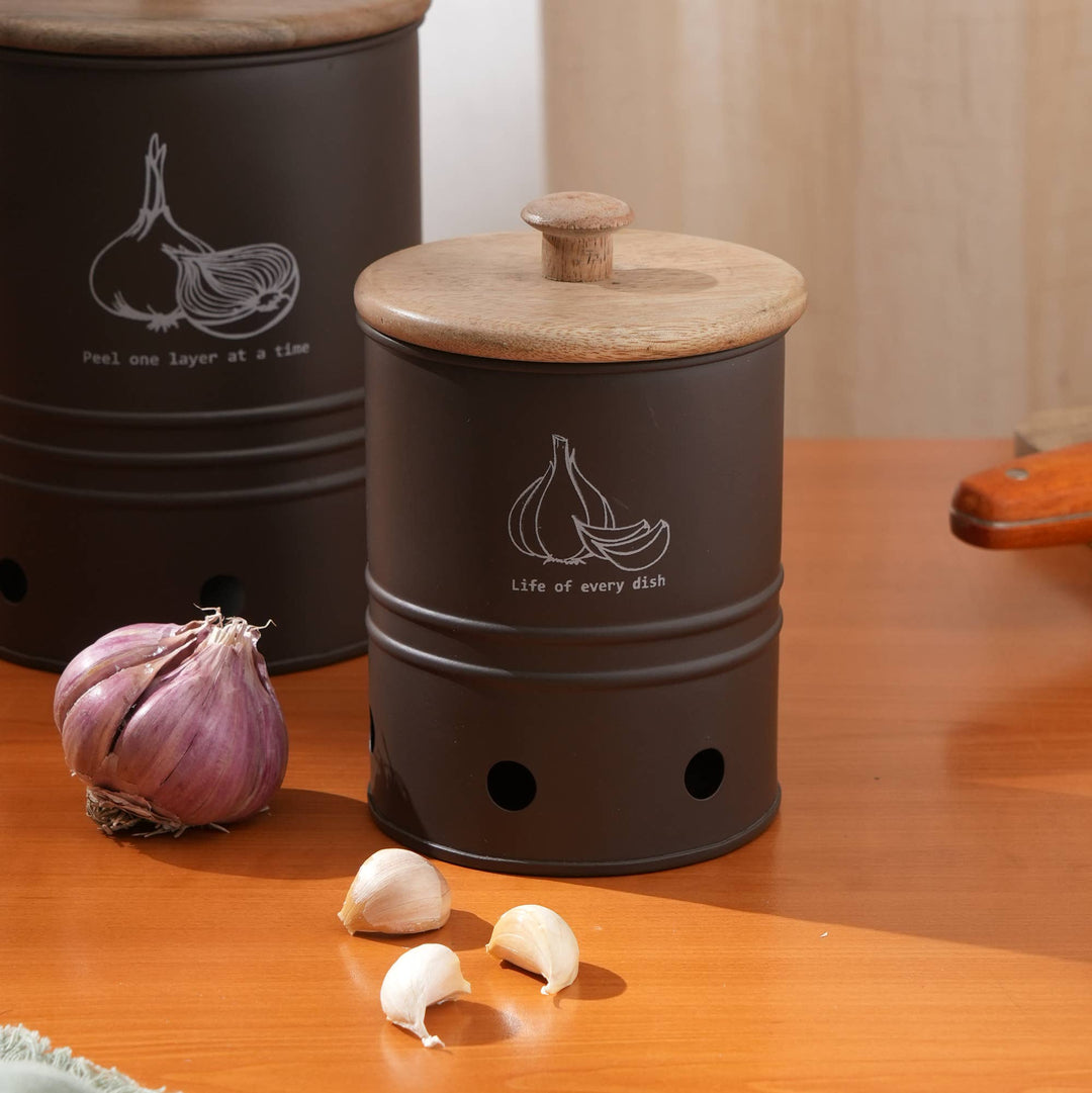 Egg Shell Metal Garlic Storage Bin With Wooden Lid