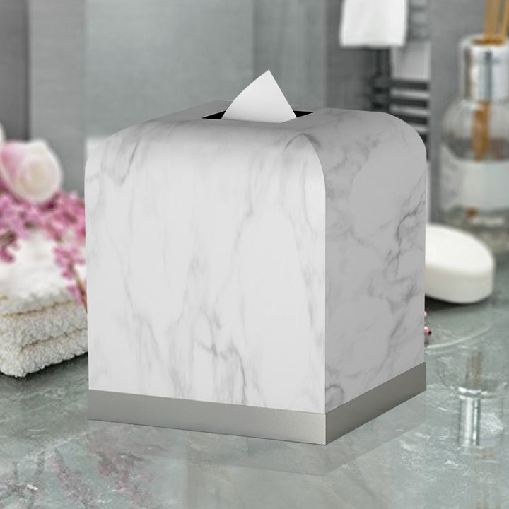 Tissue Box Cover, White Resin Square Facial Tissue Box Holder | Silver Finish