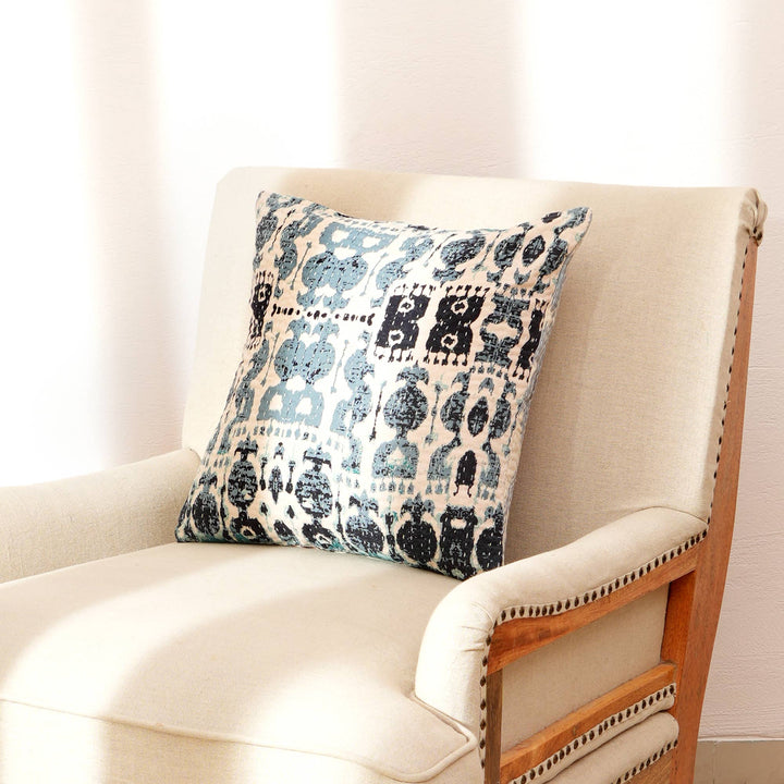 Dual Side Printed Throw Pillow with Kantha Embroidery - 18"X18"