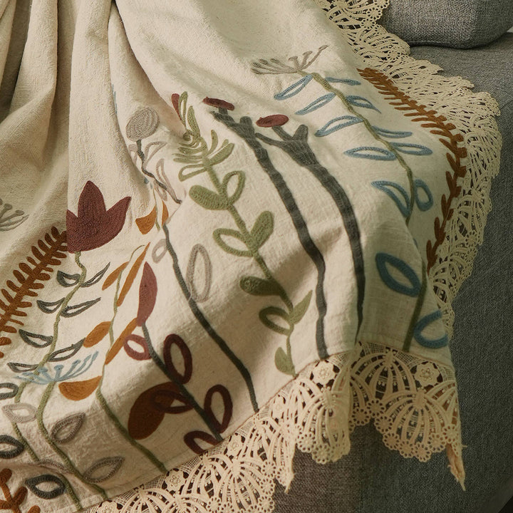 100% LINEN EMBROIDERY THROW Ivory White