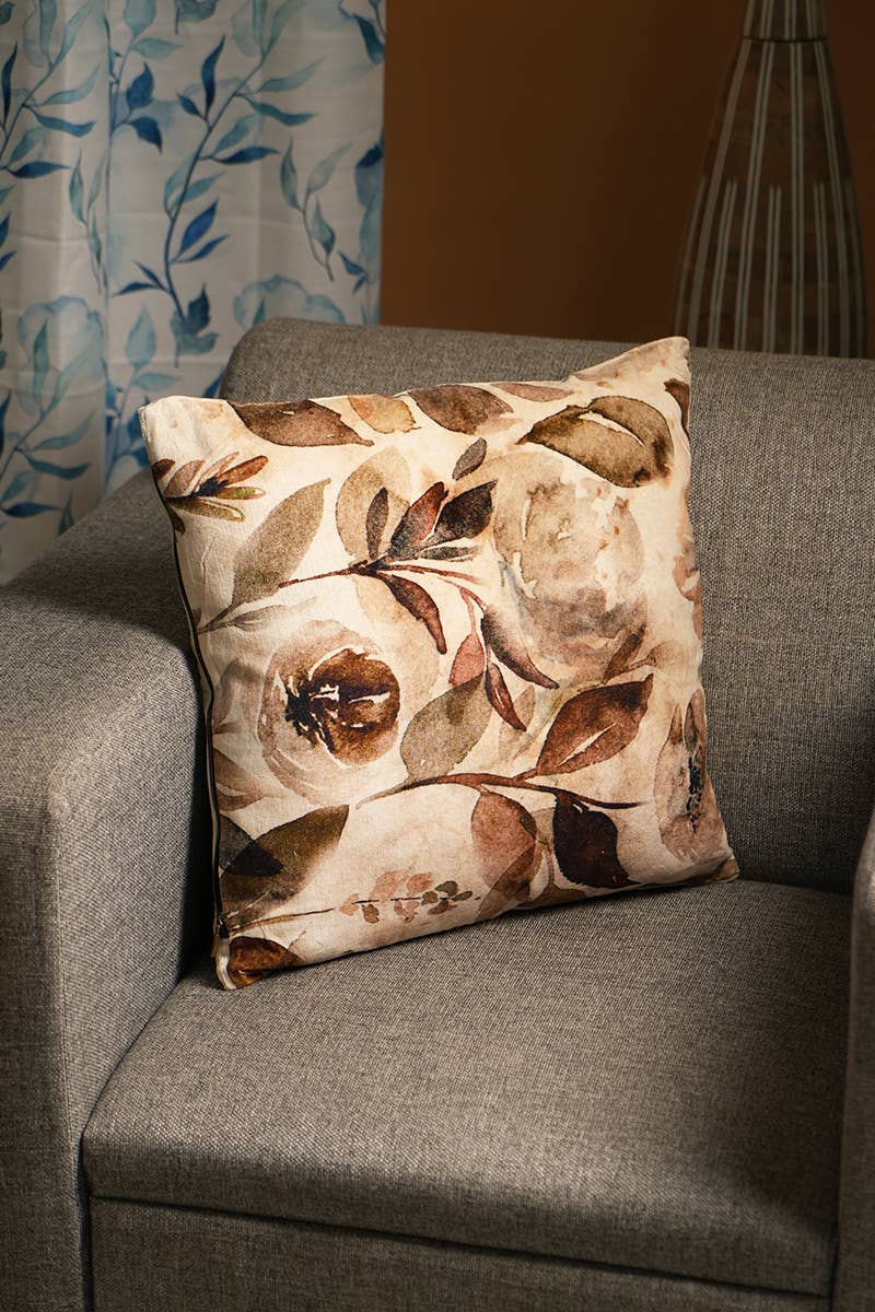 100% Cotton Velvet Printed Cushion Beige And Brown