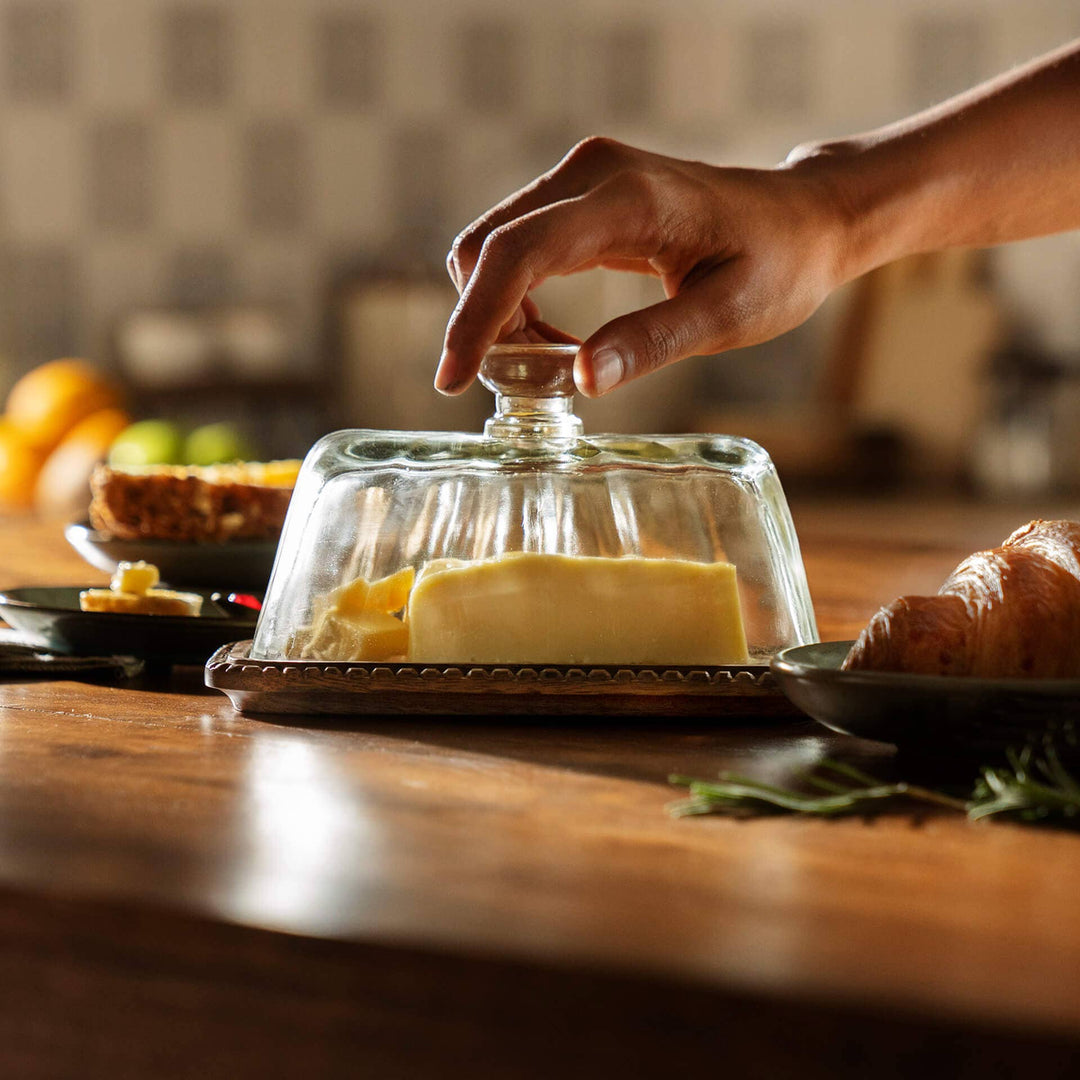 Clear Glass Butter Dish with Wooden Base