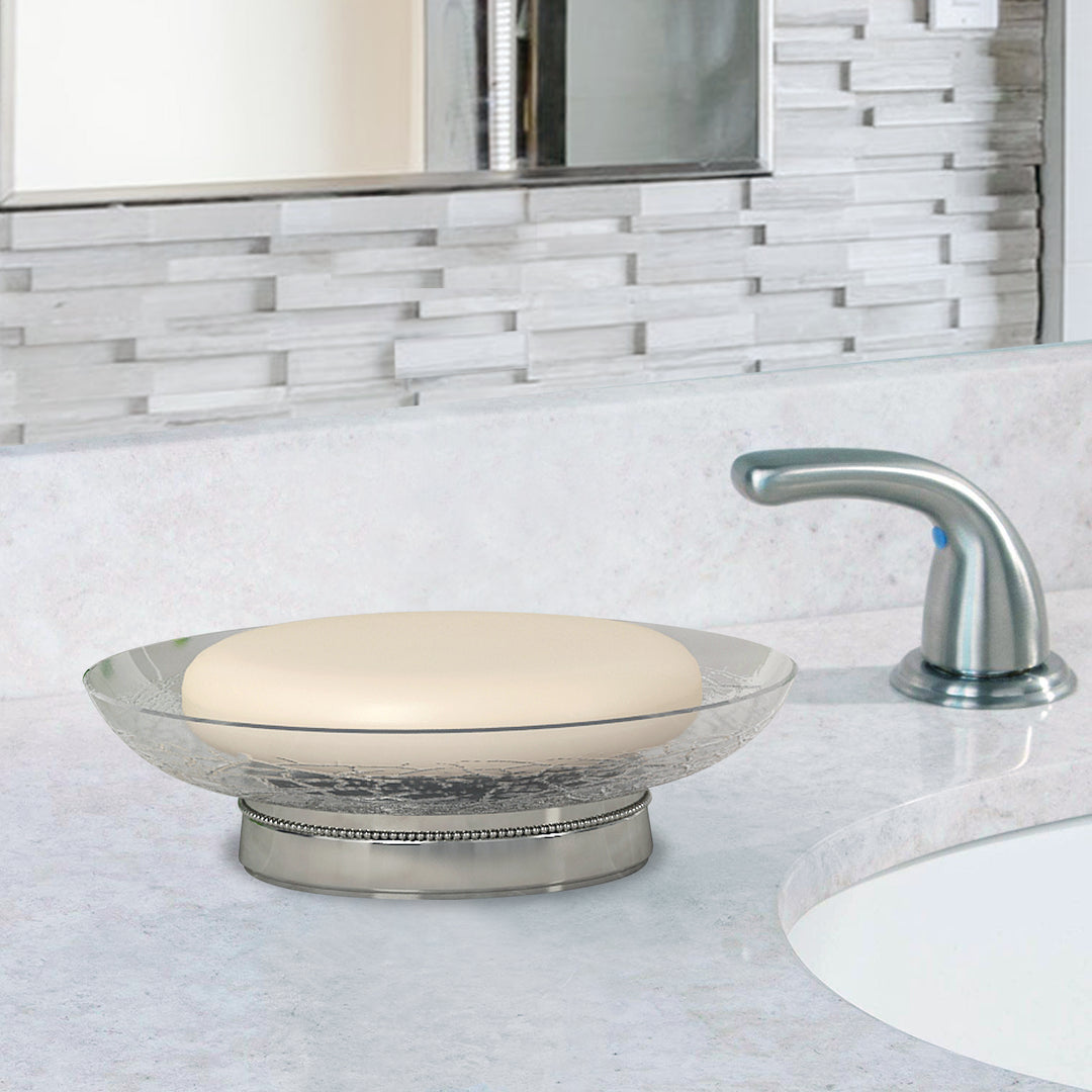 Soap Dish for Bathroom Counter,Shower & Kitchen | Clear Glass With Crackle Finish