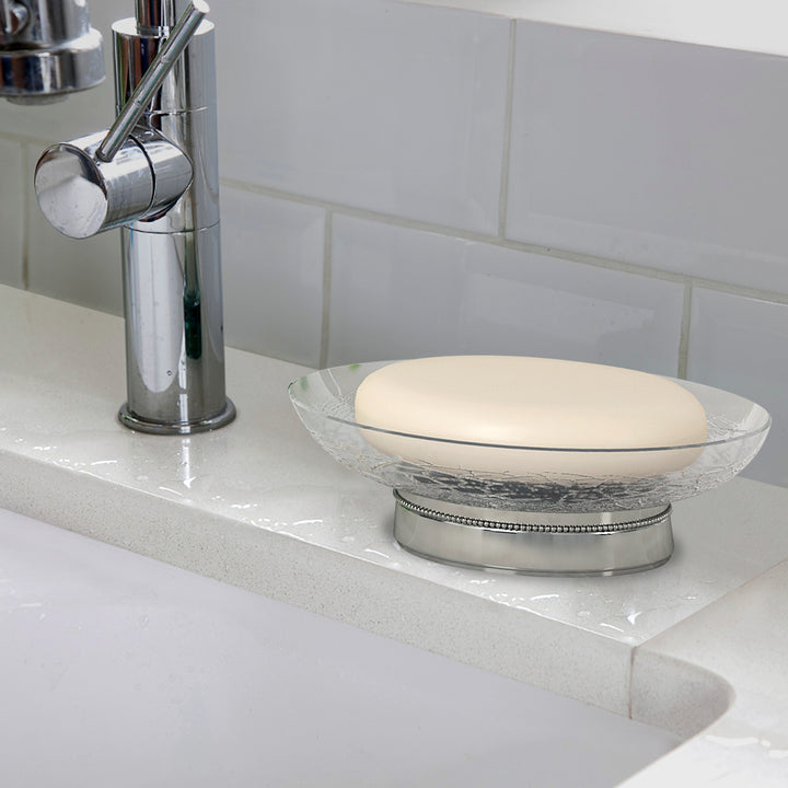 Soap Dish for Bathroom Counter,Shower & Kitchen | Clear Glass With Crackle Finish