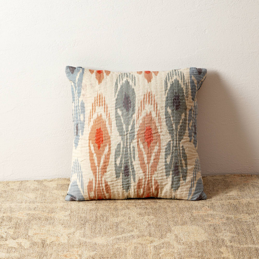 Dual Side Printed Throw Pillow with Kantha Embroidery - 18"X18"