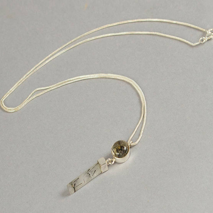 Pendulum Rutile Small Necklace / Silver White & Black - Metal /L-11.25P(L-1.75W-.40) Inches (L X W) / Moq - 4 Pcs