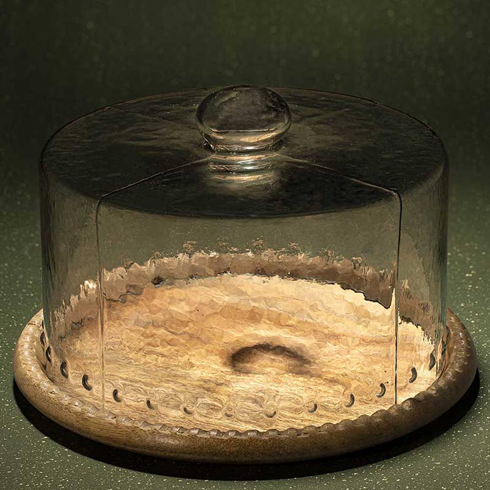 Leaf Glass Cloche With Wooden Base / Natural Wood / 9.75 X 9.75 X 6.25 Inches (L X W X H) / Moq - 2 Pcs