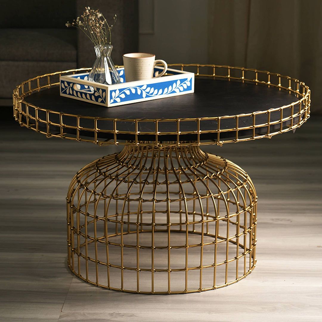 Golden Round Bird Cage Design Glossy Coffee Table