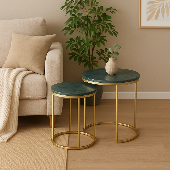 Green Marble Nesting Tables Set of 2 with Gold Frame