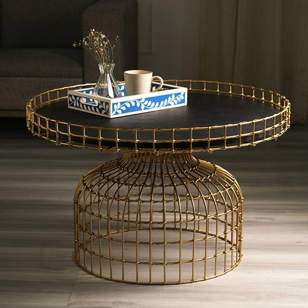 Golden Round Bird Cage Design Glossy Coffee Table