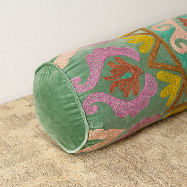 Decorative Suzani Embroidered Bolster Pillow - 21" X 8"