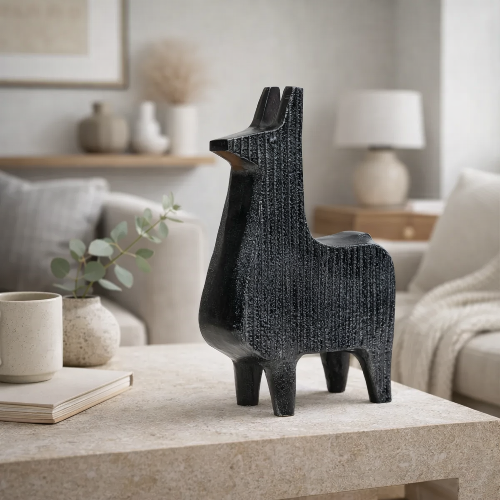 Sculpture | Black Ribbed Llama Aluminum Table Décor | Chic Modern Accent for Home Interiors