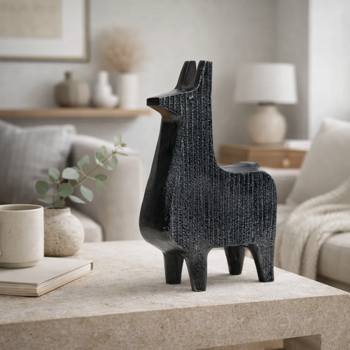 Sculpture | Black Ribbed Llama Aluminum Table Décor | Chic Modern Accent for Home Interiors
