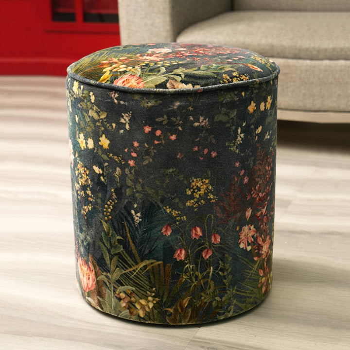 Velvet Printed Pouf -  Ivory White