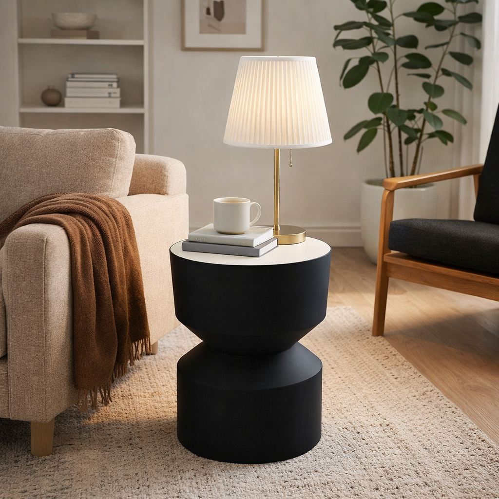 Round Side Table with White Marble Top | Black Metal Round Side Table | White Marble Top | Black Metal Frame | Modern Living Room Accent