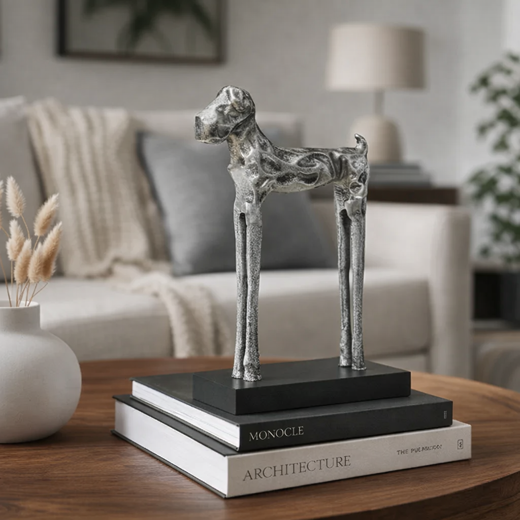 Sculpture | Tall Dog Figurine Modern Aluminum Sculpture | Stylish Contemporary Dog Statue for Home Decor