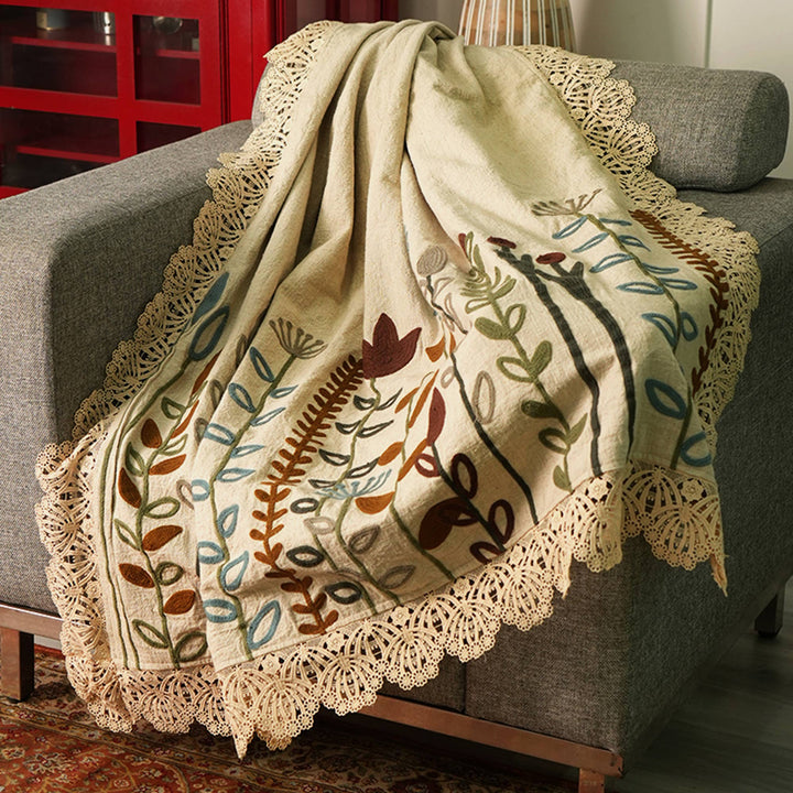 100% LINEN EMBROIDERY THROW Ivory White