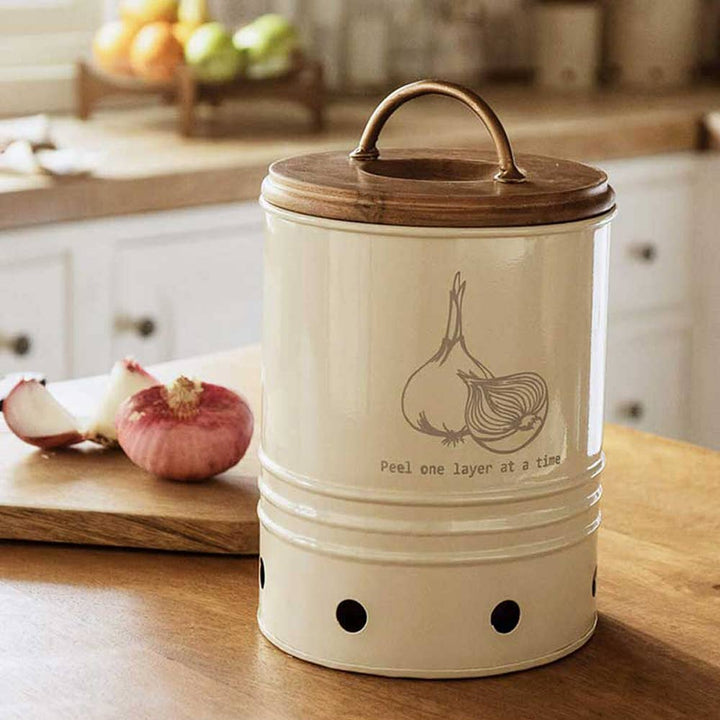 Egg Shell Metal Onion Storage Bin With Wooden Lid / White - Metal / (Capacity - 3.30 Lbs) / Moq - 2 Pcs