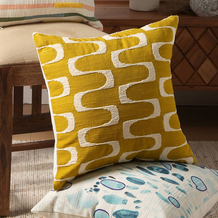 Groove Print Embroidered Pillow (Mustard & Ivory) 18"x18"