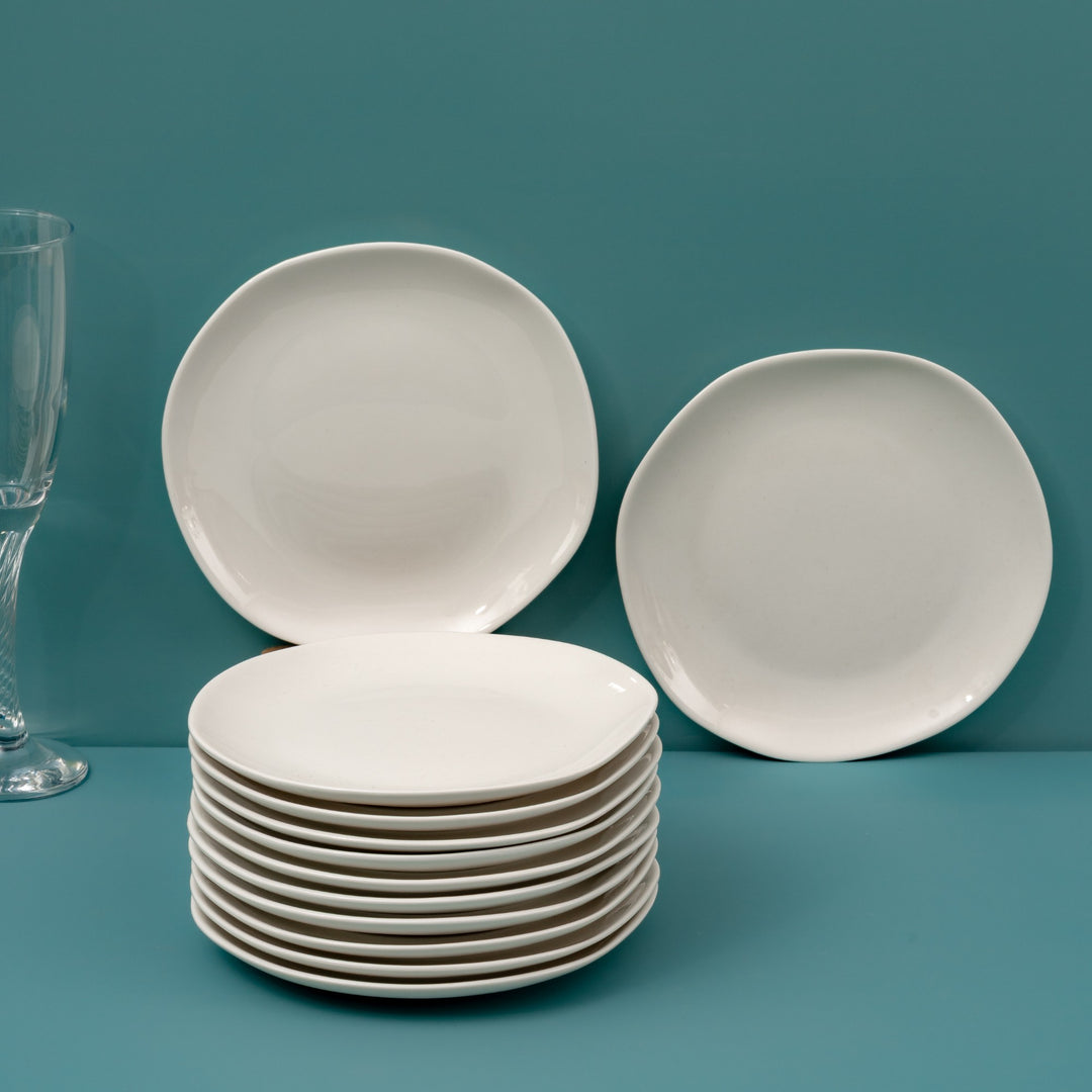 Porcelain Flat Dinner Plate | Uneven Shape | Set of 12