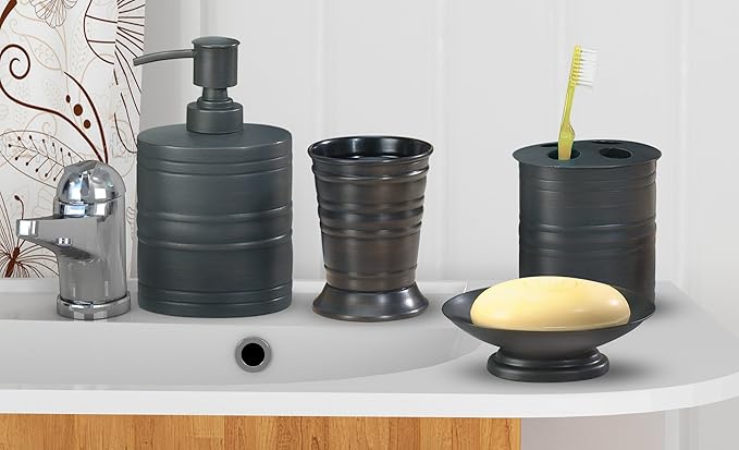 Metal Bath Accessory Set for Vanity Countertops, 4 Piece Luxury Ensemble Includes Dish, Toothbrush Holder, Tumbler, soap and Lotion Pump | Oil Rubbed Bronze Finish
