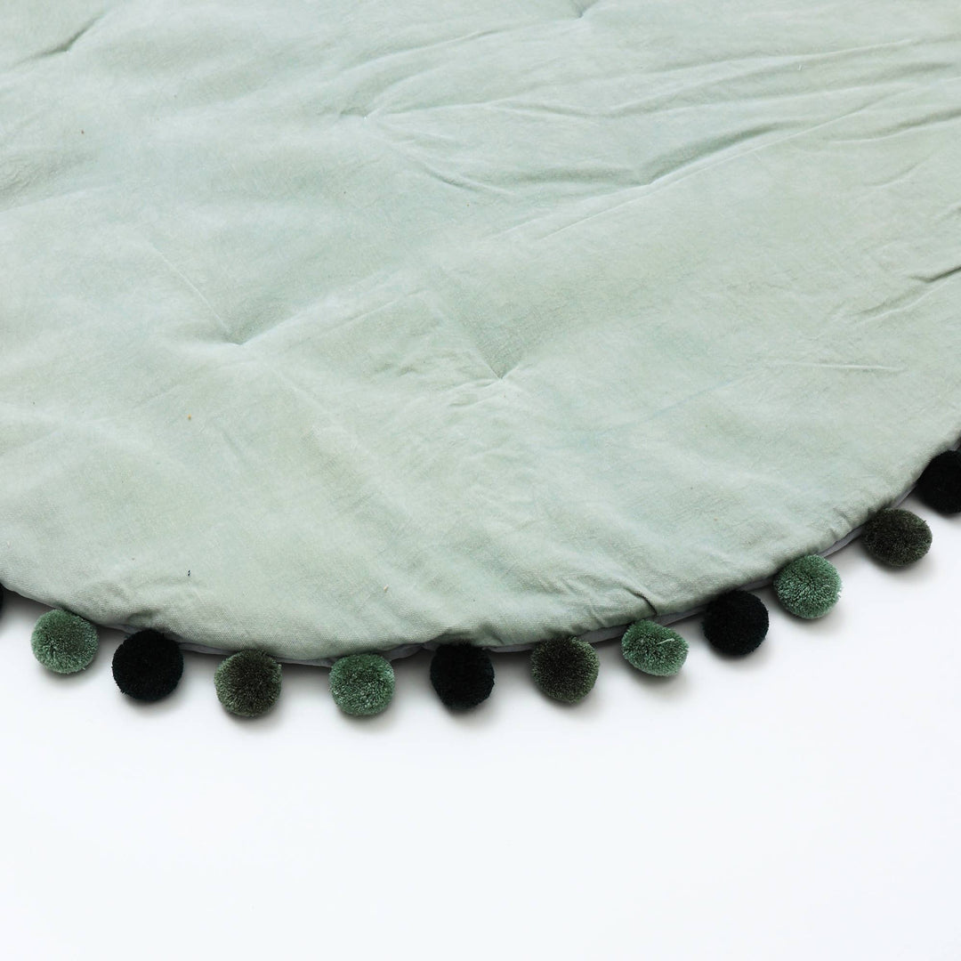 Round Cotton Play Mat with Pom Pom | Soft Velvet Baby Nursery Floor Mat