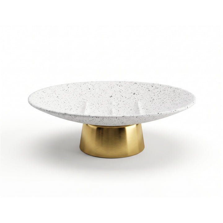 Modern Stainless Steel Soap Dish, 4" x 3" x 1.5", White Speckled Powder-Coated Finish with Gold Base, Rust-Resistant Bathroom Soap Holder for Vanity, Kitchen & Sink Counter