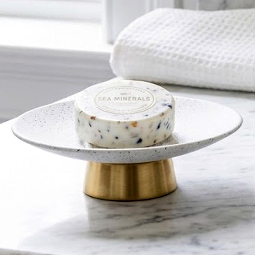 Modern Stainless Steel Soap Dish, 4" x 3" x 1.5", White Speckled Powder-Coated Finish with Gold Base, Rust-Resistant Bathroom Soap Holder for Vanity, Kitchen & Sink Counter