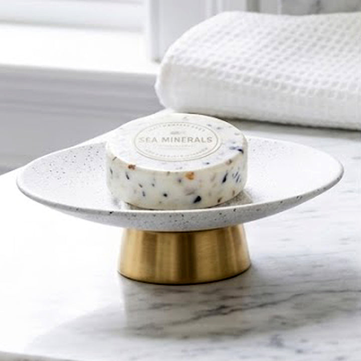 Modern Stainless Steel Soap Dish, 4" x 3" x 1.5", White Speckled Powder-Coated Finish with Gold Base, Rust-Resistant Bathroom Soap Holder for Vanity, Kitchen & Sink Counter