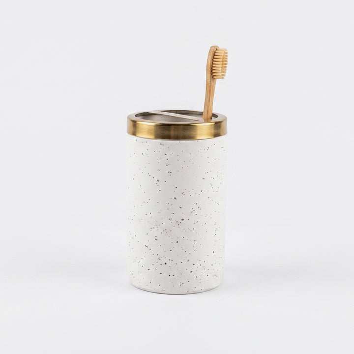 Modern Stainless Steel Toothbrush Holder, 3" x 3" x 5", White Speckled Powder-Coated Finish with Gold Accent, Rust-Resistant Bathroom Toothbrush & Toothpaste Organizer