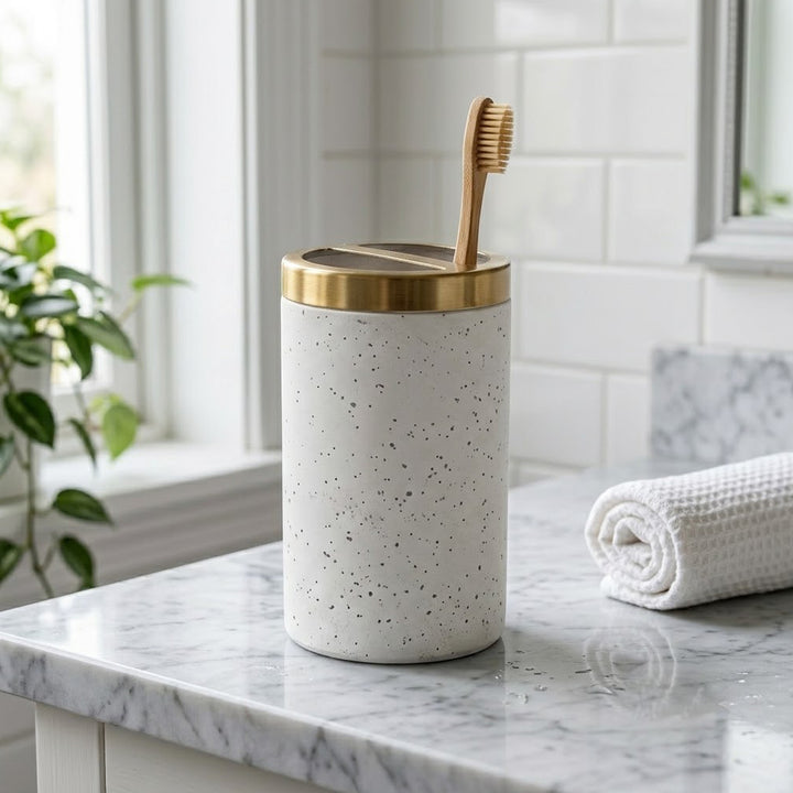 Modern Stainless Steel Toothbrush Holder, 3" x 3" x 5", White Speckled Powder-Coated Finish with Gold Accent, Rust-Resistant Bathroom Toothbrush & Toothpaste Organizer