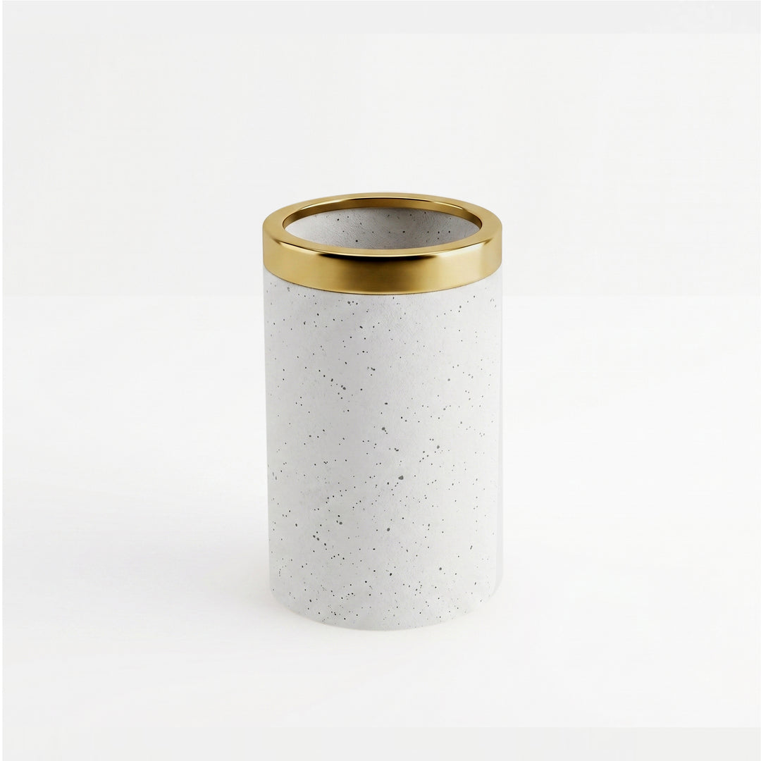 Modern Stainless Steel Bathroom Tumbler, 3" x 3" x 4.5", White Speckled Powder-Coated Finish with Gold Rim, Rust-Resistant Bathroom Cup for Toothbrushes, Rinsing & Vanity Organization