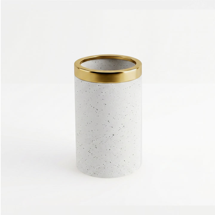 Modern Stainless Steel Bathroom Tumbler, 3" x 3" x 4.5", White Speckled Powder-Coated Finish with Gold Rim, Rust-Resistant Bathroom Cup for Toothbrushes, Rinsing & Vanity Organization