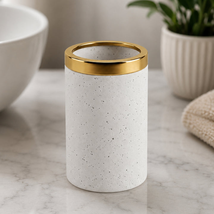 Modern Stainless Steel Bathroom Tumbler, 3" x 3" x 4.5", White Speckled Powder-Coated Finish with Gold Rim, Rust-Resistant Bathroom Cup for Toothbrushes, Rinsing & Vanity Organization