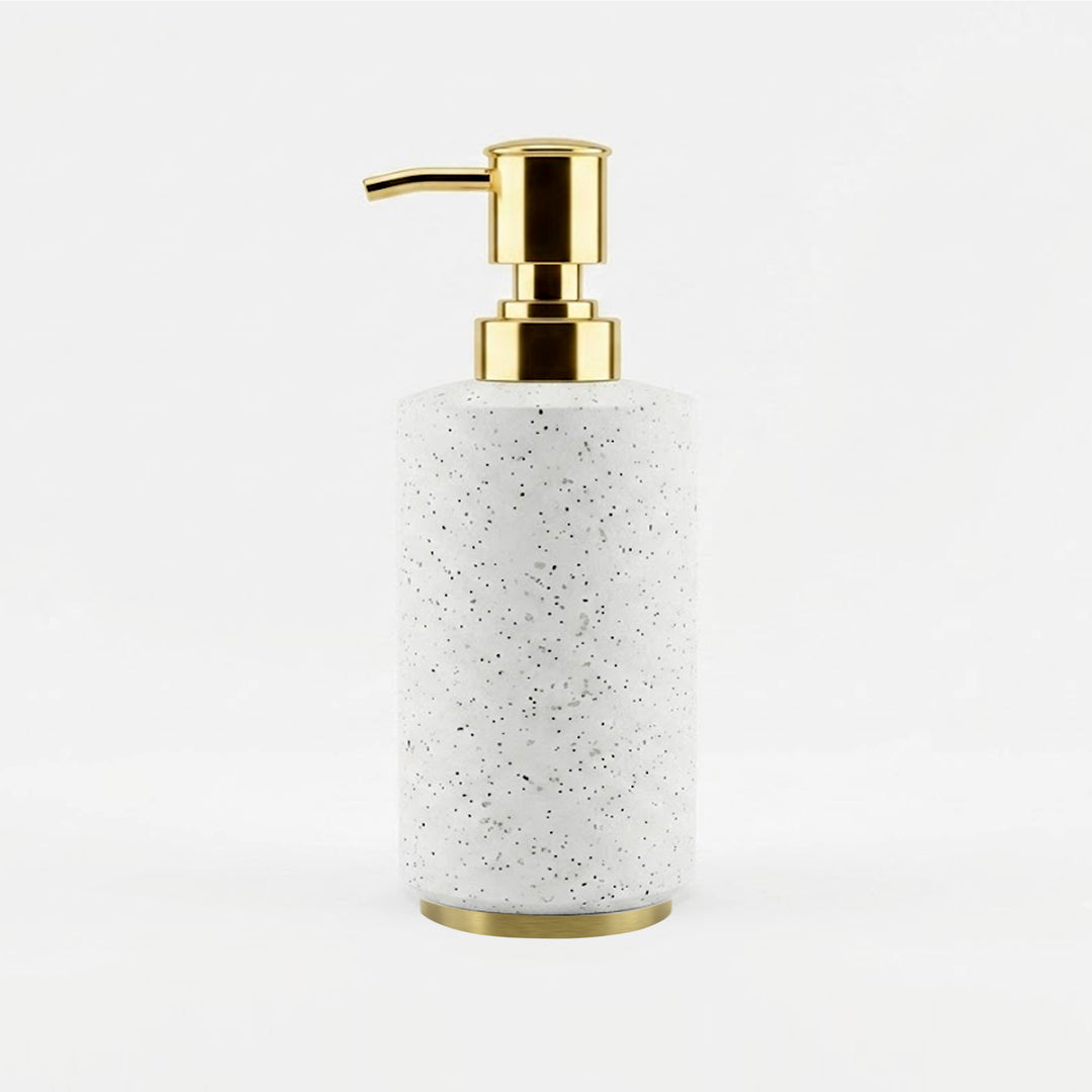 Modern Stainless Steel Soap Dispenser, 2.5" x 2.5" x 6.5", White Speckled Powder-Coated Finish with Gold Pump, Refillable Rust-Resistant Liquid Soap Dispenser for Bathroom & Kitchen