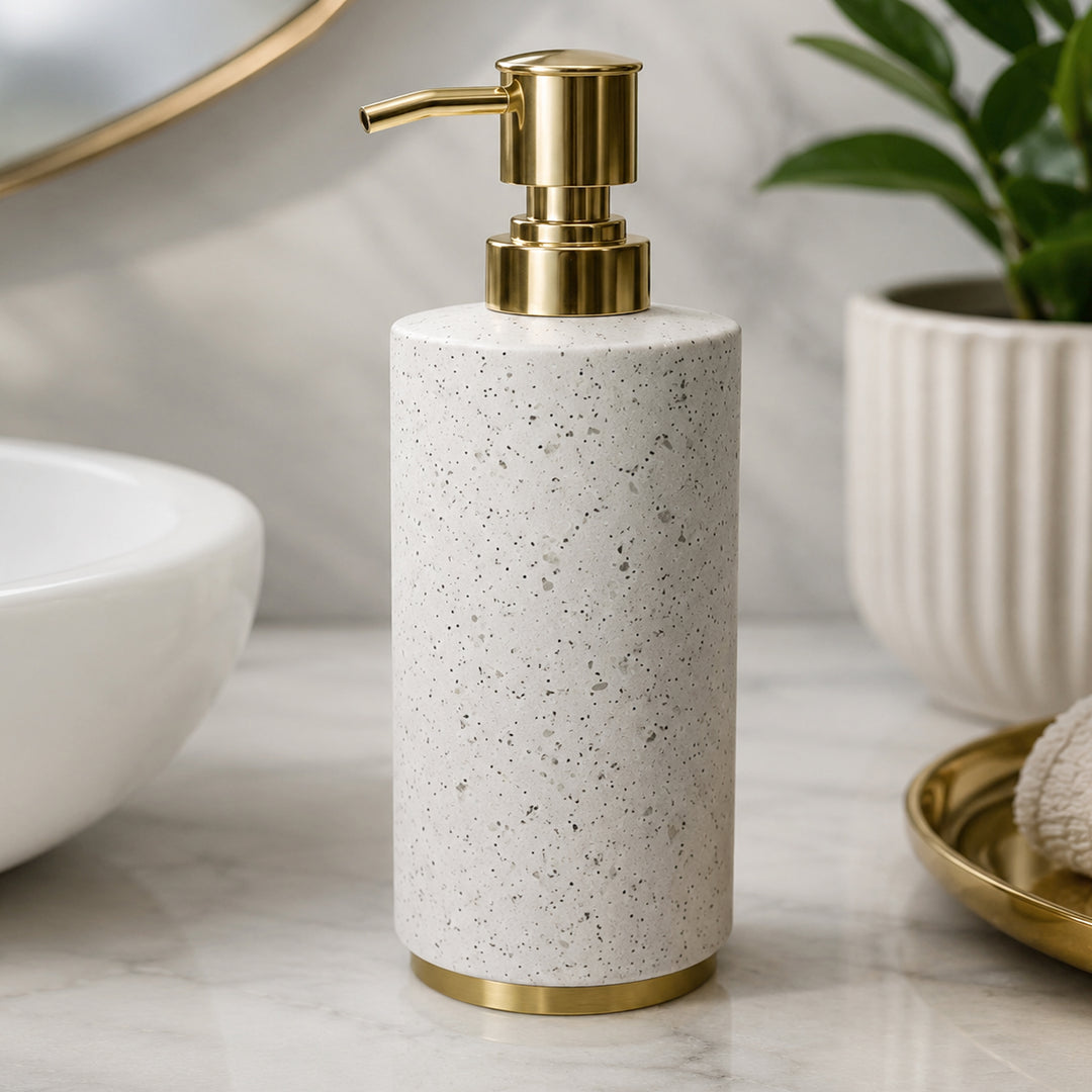 Modern Stainless Steel Soap Dispenser, 2.5" x 2.5" x 6.5", White Speckled Powder-Coated Finish with Gold Pump, Refillable Rust-Resistant Liquid Soap Dispenser for Bathroom & Kitchen