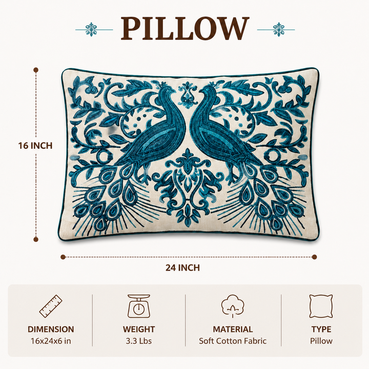 Embroidered Peacock Decorative Pillow with Filler, 16x24x6"