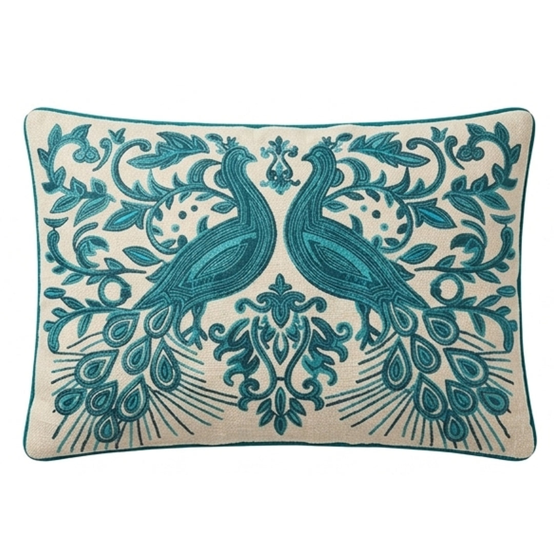 Embroidered Peacock Decorative Pillow with Filler, 16x24x6"