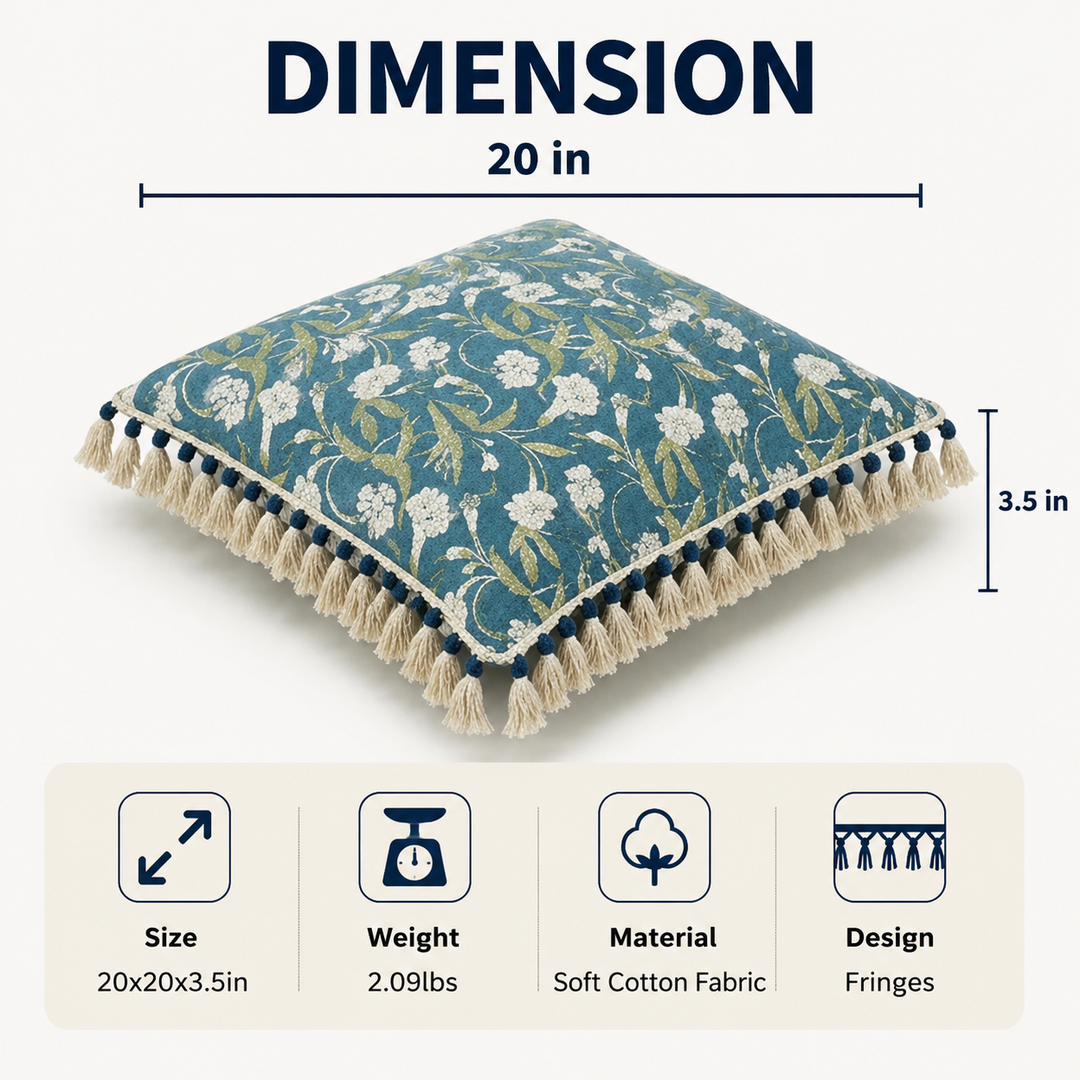 Indigo Floral Printed Pillow with Filler & Tassels, 20x20x6"
