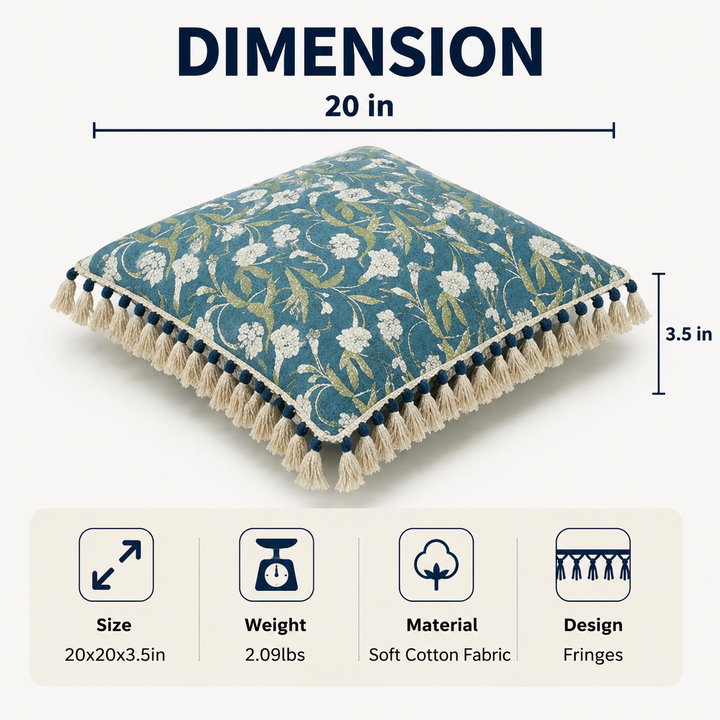 Indigo Floral Printed Pillow with Filler & Tassels, 20x20x6"