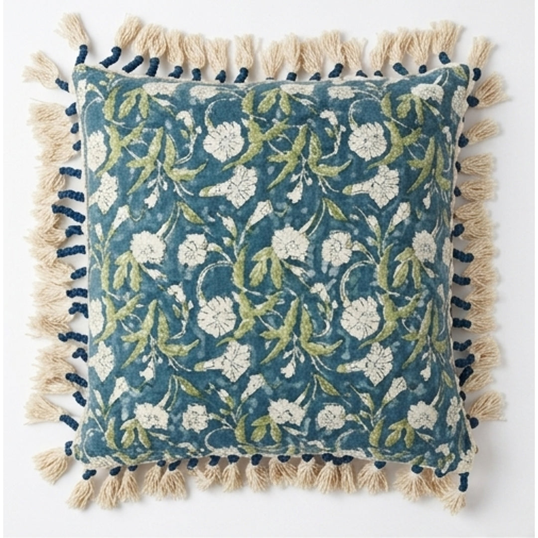 Indigo Floral Printed Pillow with Filler & Tassels, 20x20x6"