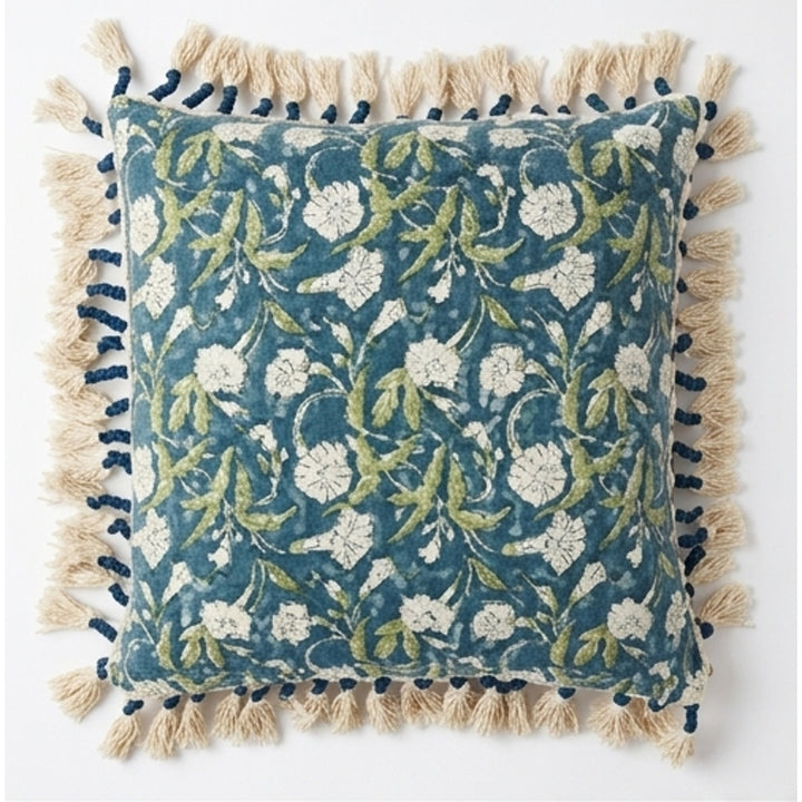 Indigo Floral Printed Pillow with Filler & Tassels, 20x20x6"