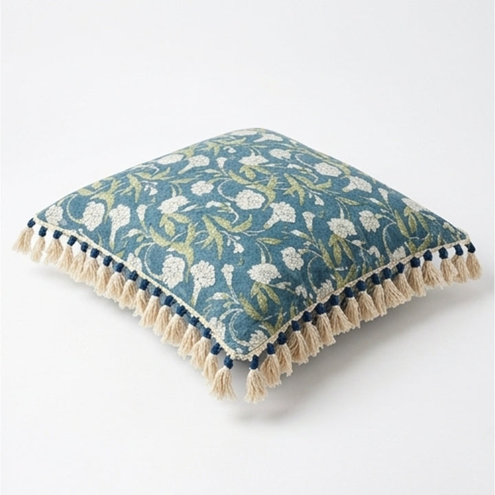 Indigo Floral Printed Pillow with Filler & Tassels, 20x20x6"
