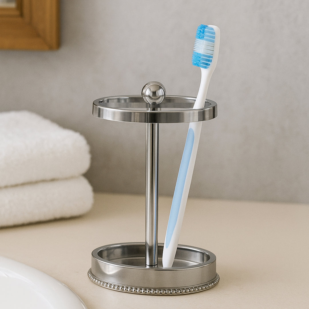 Metal Toothbrush Holder | Compact Multi-Slot Holder for Toothbrushes,Razors & Makeup Accessories | Shiny