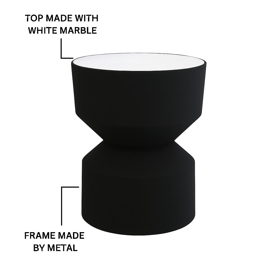 Round Side Table with White Marble Top | Black Metal Round Side Table | White Marble Top | Black Metal Frame | Modern Living Room Accent