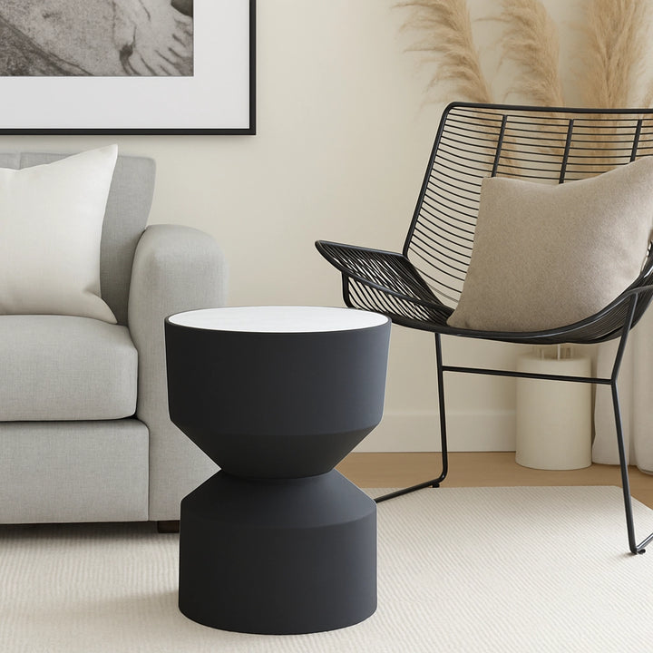 Round Side Table with White Marble Top | Black Metal Round Side Table | White Marble Top | Black Metal Frame | Modern Living Room Accent
