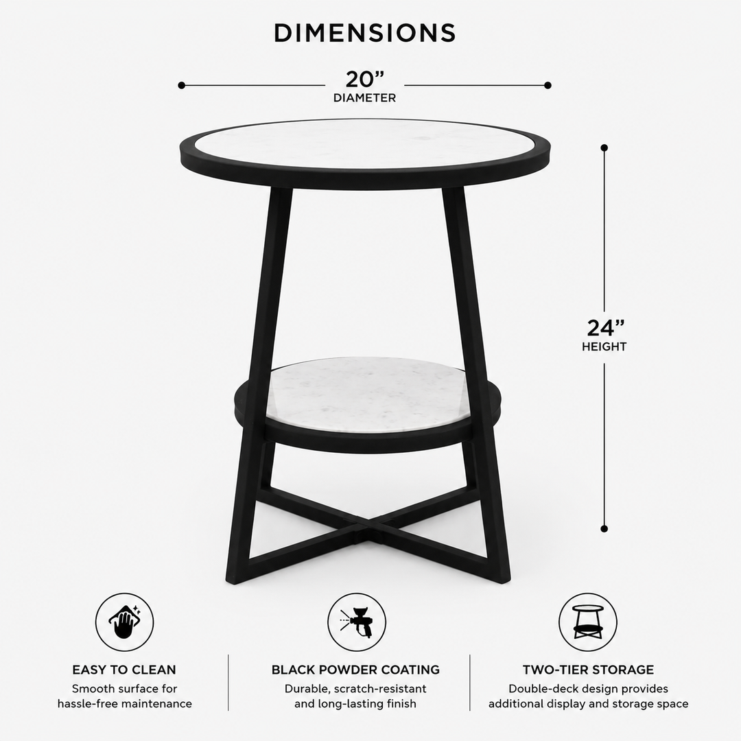 End Table | White Marble Top Side Table | Black Metal Frame | Modern Living Room Decor