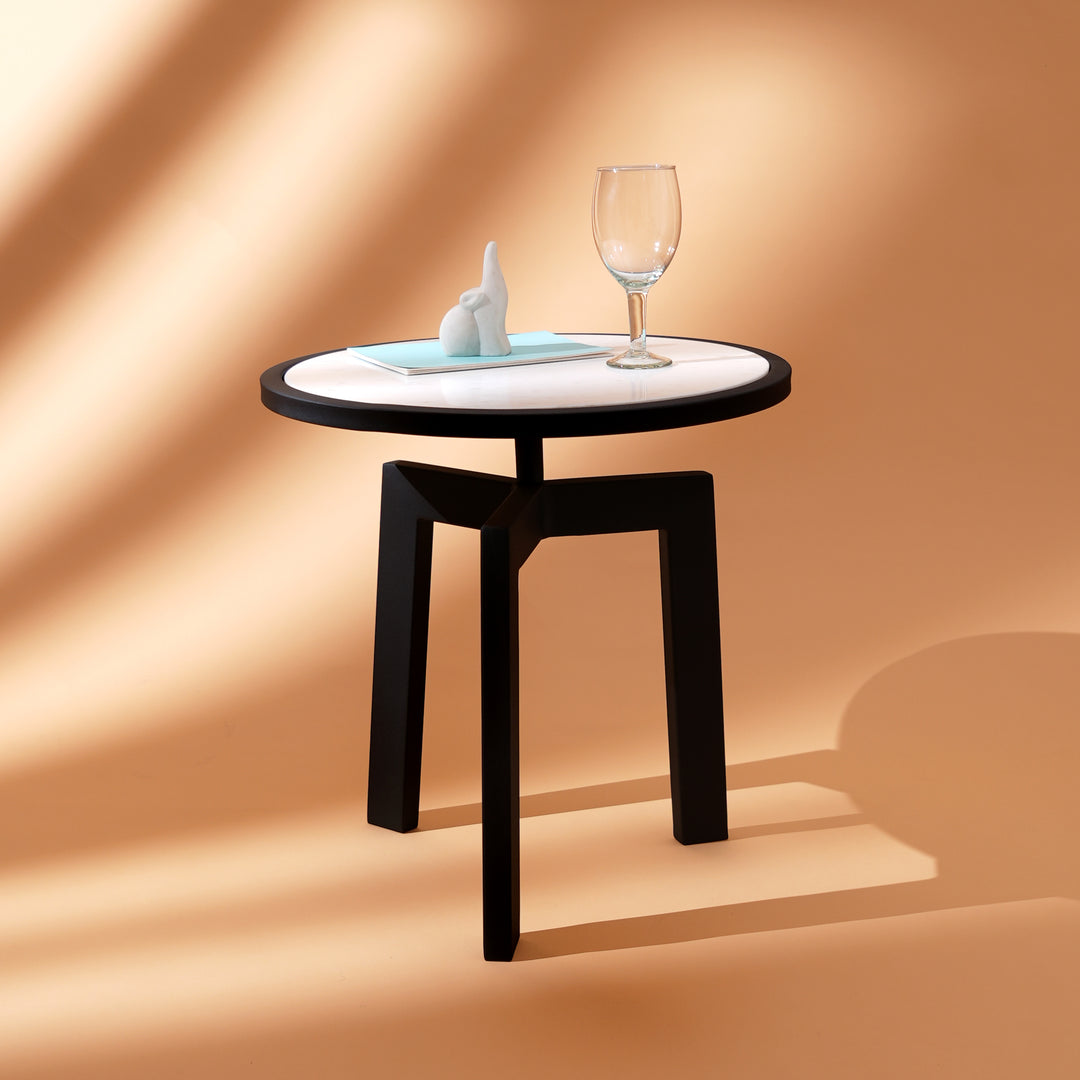 Marble Side Table | Round End Table | Black Metal Frame | Modern Living Room Accent