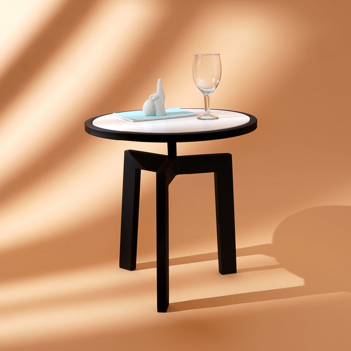 Marble Side Table | Round End Table | Black Metal Frame | Modern Living Room Accent